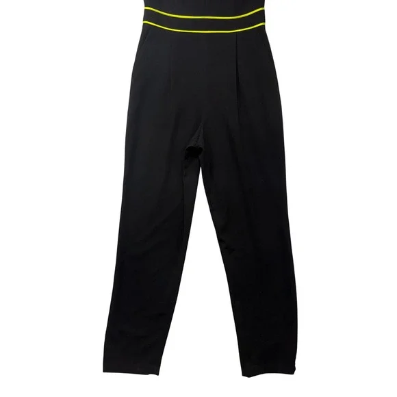 Alice + Olivia Black Neon Yellow Piping V-Neck Sleeveless Jumpsuit Size 4 - Picture 5 of 13